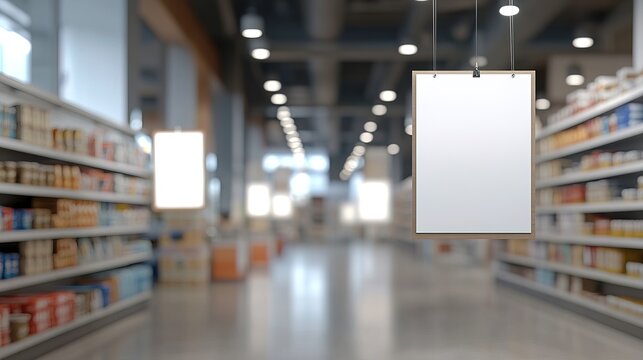 Blank white hanging signs in supermarket aisle, with blurred shelves