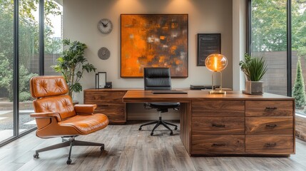 Modern office space featuring a stylish desk, ergonomic chair, and vibrant artwork.