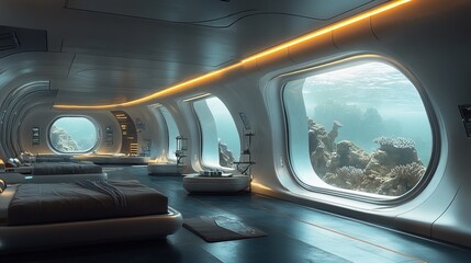 Naklejka premium Underwater research station with large windows showing marine life outside, futuristic design