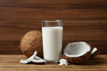 Glass of coconut milk on the table