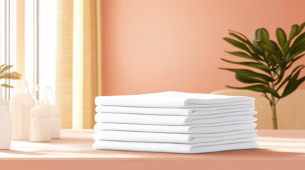 Fototapeta premium Stacked white towels on a pink table near sunny windows with plants
