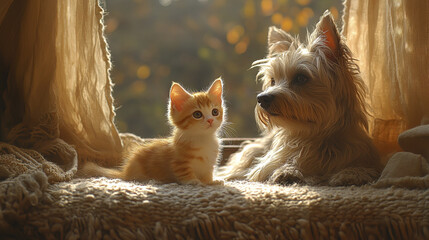 playful kitten and friendly dog relax together in warm sunlight