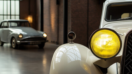 Close-Up of Classic Vintage Car with Yellow Headlight, Highlighting Retro Automotive Elegance, Timeless Design, and Historical Collectible Value