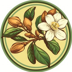 Jojoba. Ayurveda. Illustration of jojoba plant with vibrant green leaves, golden seed pods, and a blooming white flower in a circular frame. Ideal for natural product branding and botanical design.