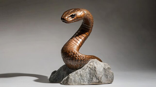 Bronze Cobra Sculpture Coiled on Rock