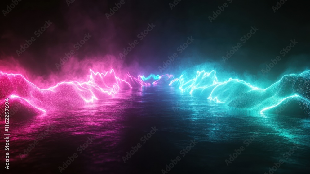 Poster pulsating 3d neon light waves create a mesmerizing glow over a calm reflective surface at night. gen