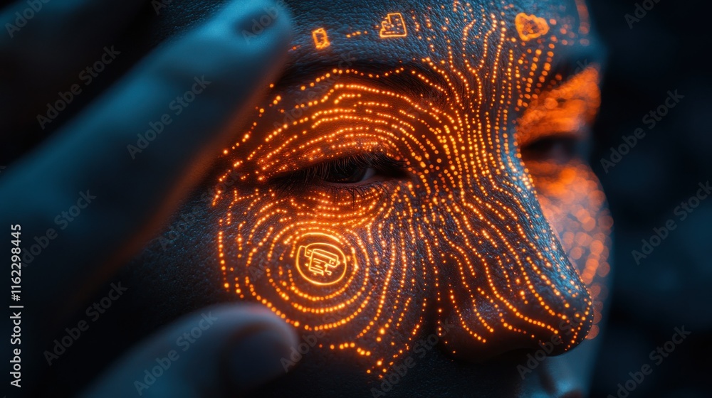 Poster close-up of a face with glowing patterns and textures.