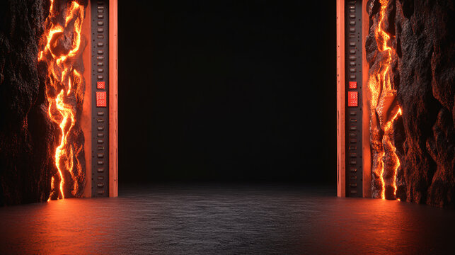 dark room backdrop featuring illuminated server racks with glowing lava like elements. atmosphere is intense and dramatic, perfect for futuristic setting - Powered by Adobe