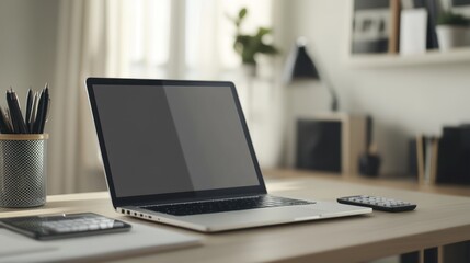 Modern Workspace: Laptop, Calculator, and Pens on a Desk