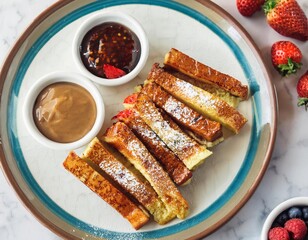 French toast sticks with dipping sauces, sprinkled with icing sugar, resting on a plate