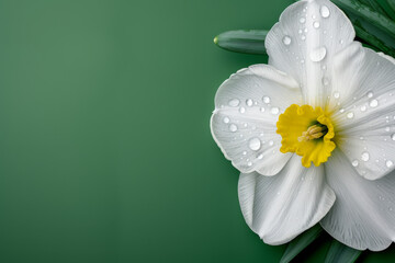 Beautiful white daffodil with water droplets against green background