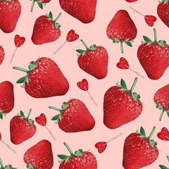 Pink Valentine seamless pattern with candies and strawberry,digital hand drawn. Design for Valentine wrapping paper, packaging, background, fabric, textile, home decor, gifts,