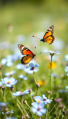 Obraz premium a beautiful summer or spring meadow with two flying butterflies and blue flowers of forget me nots selective focus shallow depth of field illustration, colorful, with white tones