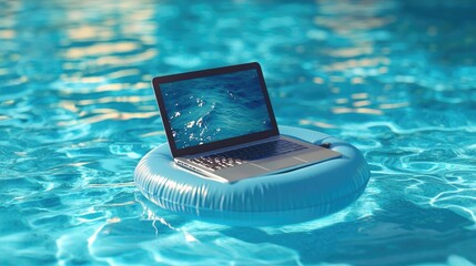 Laptop Floating on Inflatable Ring in Swimming Pool