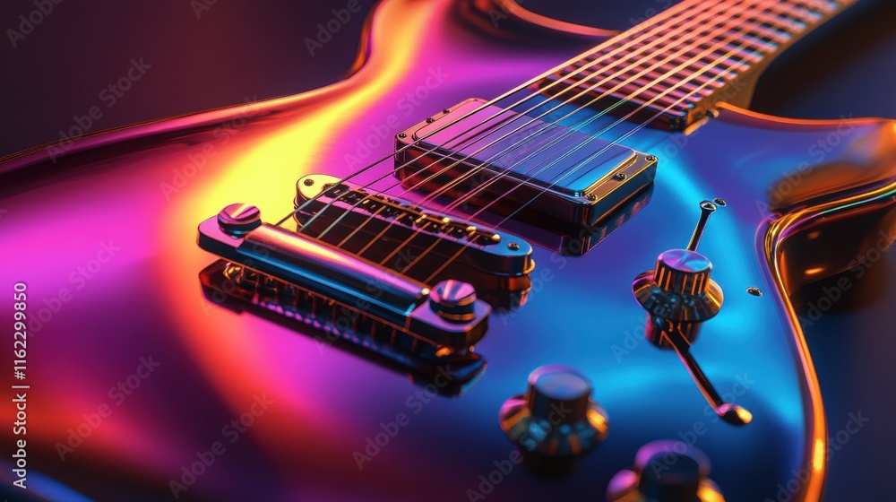 Poster captivating 3d guitar design with vibrant colors showcasing modern craftsmanship and artistic flair.
