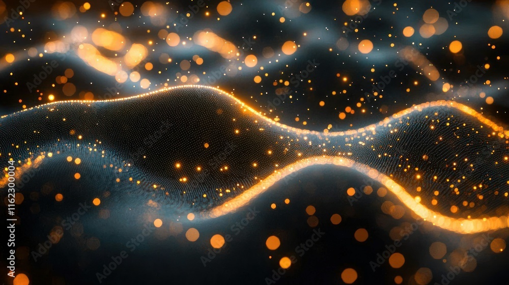 Poster abstract waves with glowing particles and light effects.