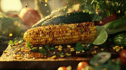 Fresh corn on a wooden board with herbs, lime, and colorful vegetables ready for cooking.