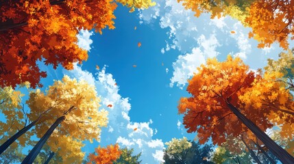 Autumnal Tree Canopy with Falling Leaves and Blue Sky
