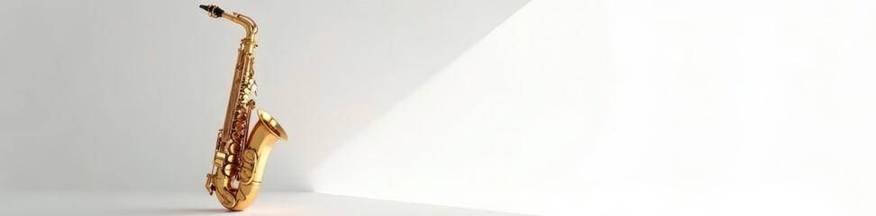 Gold saxophone in spotlight on pure white background, spotlight, shining