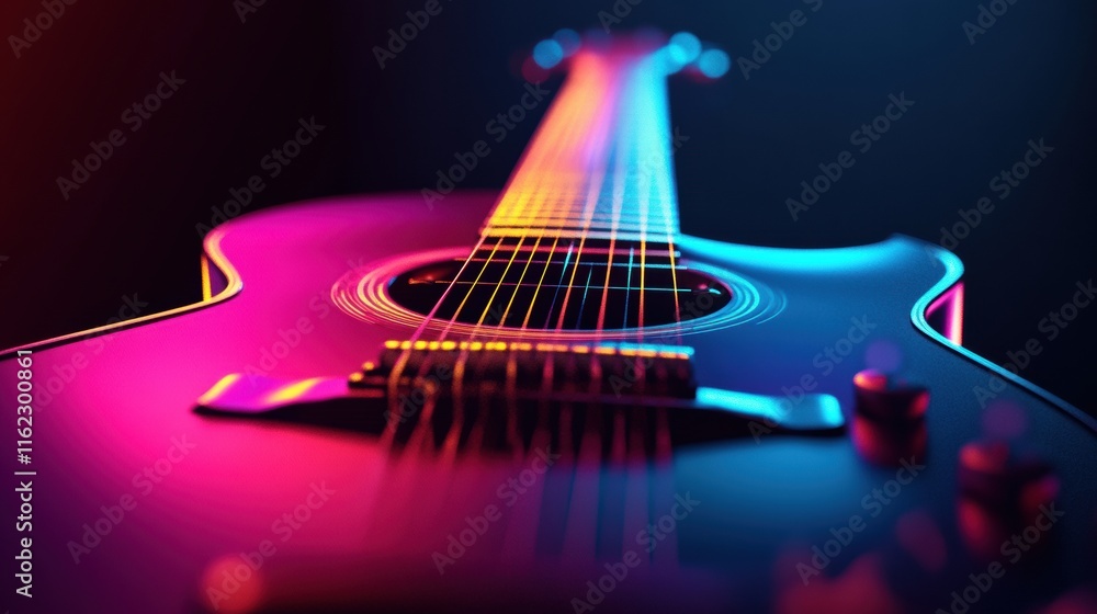Aufkleber colorful 3d guitar with vibrant lighting showcasing intricate details and strings at an artistic ang