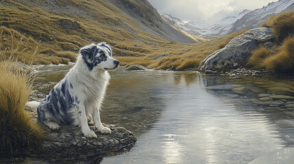 calm blue merle Border Collie sitting by clear mountain stream