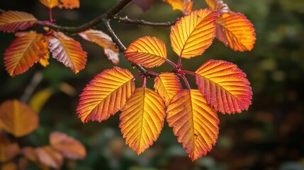 Obraz premium Vibrant Autumn Leaves with Orange and Yellow Hues on a Branch in Nature