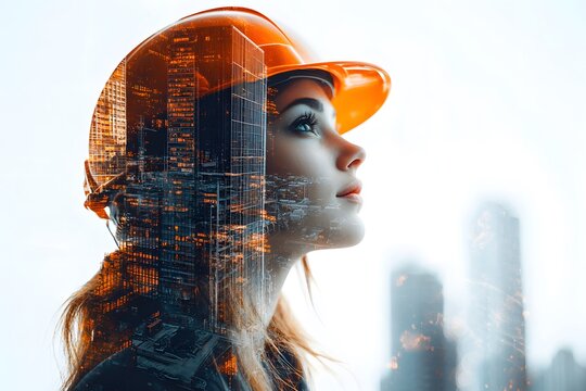 Double exposure portrait of a woman in construction against urban skyline. Generative AI.