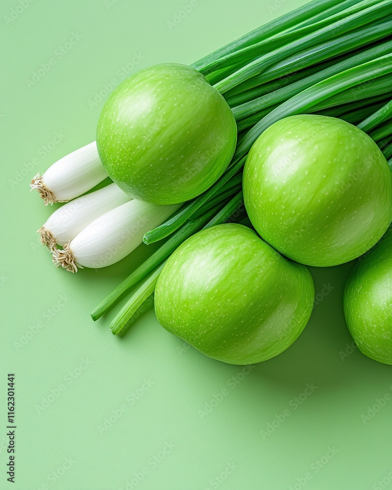 Poster fresh green apples and spring onions on a soft green background evoke a vibrant culinary scene