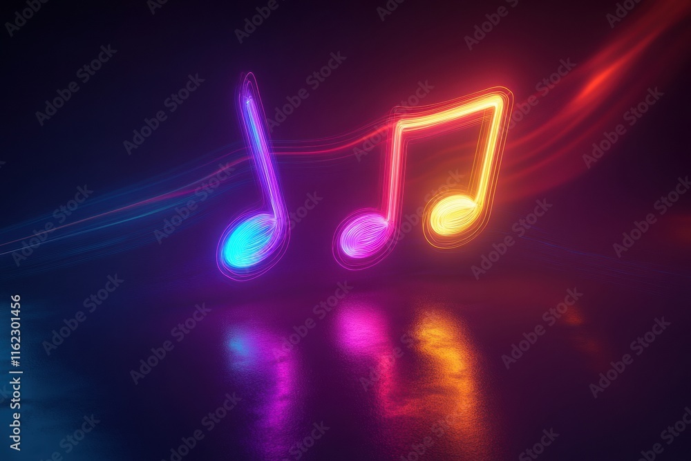 Poster colorful 3d music notes glowing in a dark space with vibrant reflections creating a lively atmospher