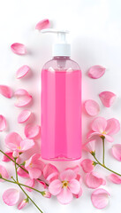 cosmetics beauty product mock up with blank bottle with pink liquid soap or shower gel on a white background surrounded by pink delicate flower petals, pop art