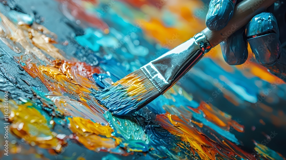 Poster robot hand painting with vibrant colors on a canvas surface. generative ai.