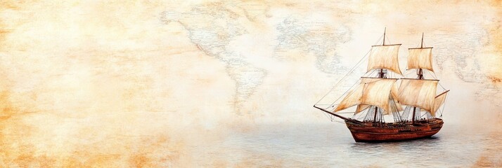 Vintage World Map With a Sailing Ship Navigating Calm Seas and Windswept Waters