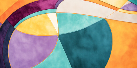 Obraz premium Colorful wide geometric banner with intersecting straight lines and arcs on smooth light suede in lavender, teal, and marigold, ideal for vibrant digital backgrounds