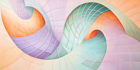 Obraz premium Gentle sweeping vibrant abstract wide geometric banner with lemniscate curves merging into radiating gridlines on smooth light suede in lavender, tangerine, and mint green, perfect for modern design