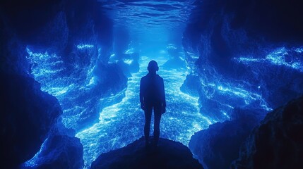 Fototapeta premium Deep-sea exploration with glowing bioluminescent creatures, mysterious atmosphere, dark blue lighting
