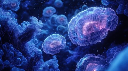 Deep-sea exploration with glowing bioluminescent creatures, mysterious atmosphere, dark blue lighting