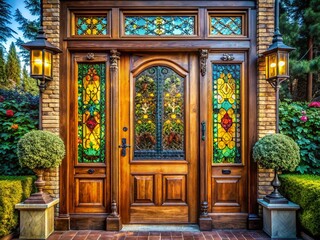Obraz premium Antique Wooden Door with Stained Glass - Decorative Home Exterior