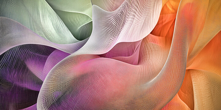 Abstract wide colorful geometric banner with sine waves, cubic curves, and logarithmic spirals on light suede in soft lavender, warm orange, and rich green, perfect for contemporary digital designs