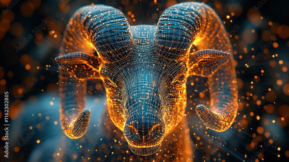 Poster digital representation of a ram with glowing effects.