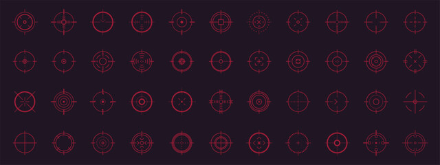 Weapon sight, sniper rifle optical scope. Hunting gun viewfinder with crosshair. Crosshair gun sight icons set. Bullseye, target or aim symbol. Shooting mark. Military target sign. Game UI. Vector.