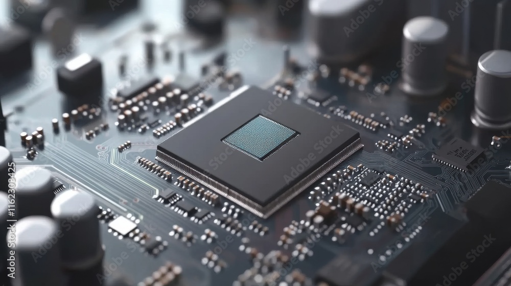 Poster close-up of a modern microprocessor on a circuit board showcasing intricate details and technology.