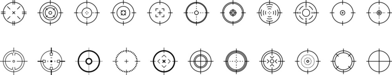 Weapon sight, sniper rifle optical scope. Hunting gun viewfinder with crosshair. Crosshair gun sight icons set. Bullseye, target or aim symbol. Shooting mark. Military target sign. Game UI. Vector.