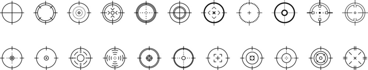 Crosshair gun sight vector icons set. Bullseye, target or aim symbol. Futuristic aim pointer. Military rifle scope, shooting mark sign. Targeting, aiming. Archery, hunting vector. Game UI element.
