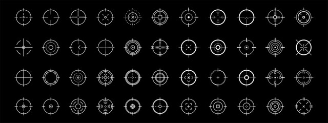 Fototapeta premium Crosshair gun sight vector icons set. Bullseye, target or aim symbol. Futuristic aim pointer. Military rifle scope, shooting mark sign. Targeting, aiming. Archery, hunting vector. Game UI element.