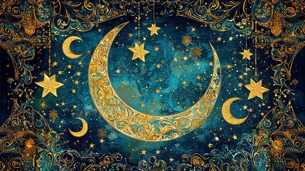 Naklejka premium Ornate Golden Crescent Moon Stars Night Sky Design