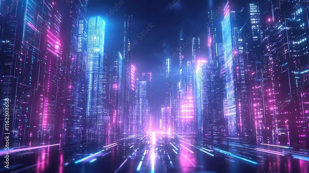 Poster futuristic cityscape with glowing data cables and abstract patterns. generative ai.