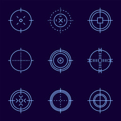 Weapon sight, sniper rifle optical scope. Hunting gun viewfinder with crosshair. Crosshair gun sight icons set. Bullseye, target or aim symbol. Shooting mark. Military target sign. Game UI. Vector.