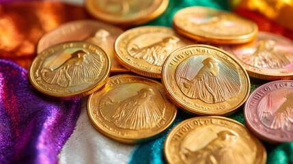 Close-up of shiny Mardi Gras coins arranged on a vibrant decorative cloth, showcasing Fat Tuesday traditions with warm lighting