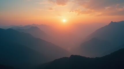 Obraz premium Stunning Sunset Over Majestic Mountains Showcasing Tranquility and Natural Beauty