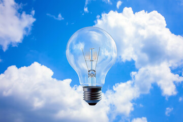 Transparent light bulb floating in the air, with visible glowing electric filaments inside.